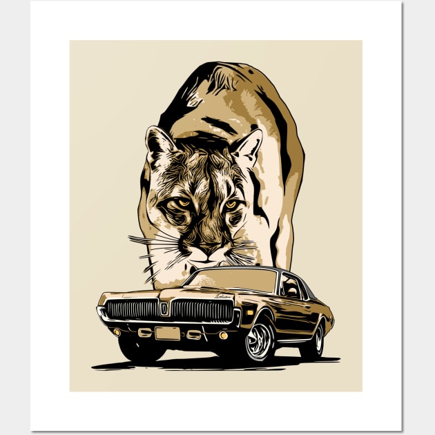 1968 Mercury Cougar with cougar cat backdrop, gold theme. Original design Wall Art by ZoeysGarage